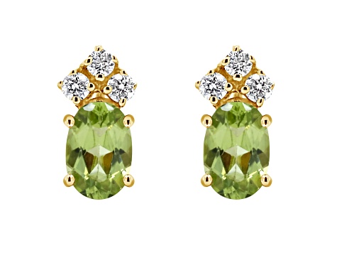 6x4mm Oval Peridot with Diamond Accents 14k Yellow Gold Stud Earrings