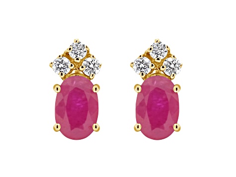 6x4mm Oval Ruby with Diamond Accents 14k Yellow Gold Stud Earrings