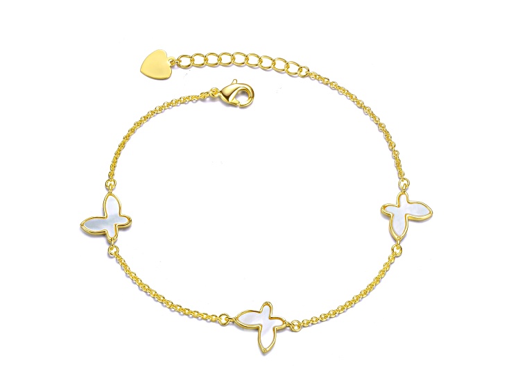 White Mother of Pearl, 14K Gold Plated Triple Charm Butterfly Bracelet for Teens