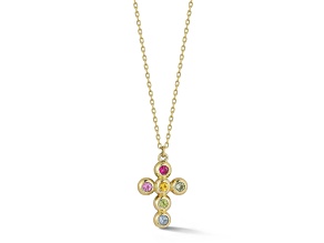 Bellissima Gold 14K Yellow Gold Bezel Set Gemstone Cross Pendant Necklace