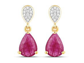 Pink Ruby and White Diamond 10K Yellow Gold Dangle Teardrop Earrings