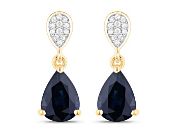 Picture of Blue Sapphire and White Diamond 10K Yellow Gold Dangle Teardrop Earrings