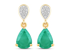 Green Zambian Emerald and White Diamond 10K Yellow Gold Dangle Teardrop Earrings