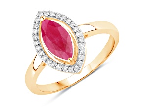 Marquise Ruby and White Diamond 10K Yellow Gold Halo Ring 1.52ctw