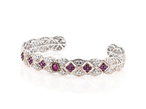 Red Ruby Rhodium & 18k Rose Gold Over Palladium Sterling Silver Cuff Bracelet 2.23ctw