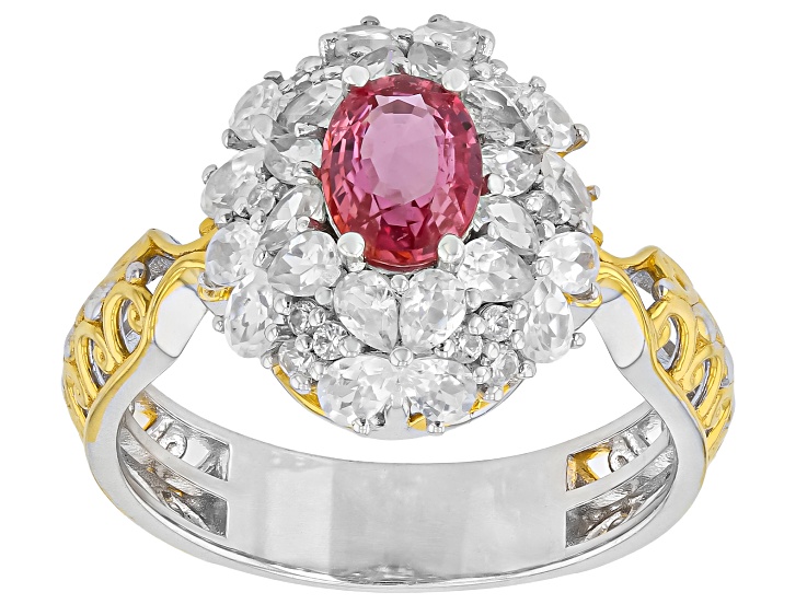 Lotus Pink Sapphire & White Zircon 24K Gold Over Palladium Sterling Silver Ring 3.22ctw
