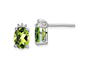 Sterling Silver Rhodium-plated Oval Peridot and Diamond Post Earrings