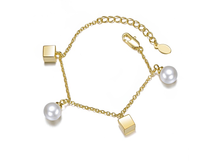 White Pearl, 14K Gold Plated over Brass Cubed Charms Link Bracelet for Kids