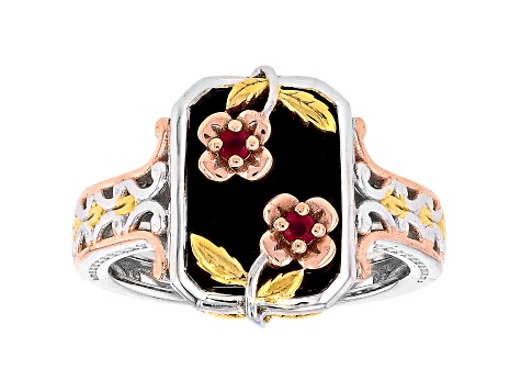 Black Onyx Rhodium, 24k & 18k Gold Over Palladium Sterling Silver Ring 0.05ctw