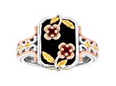 Black Onyx Rhodium, 24k & 18k Gold Over Palladium Sterling Silver Ring 0.05ctw