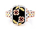 Black Onyx Rhodium, 24k & 18k Gold Over Palladium Sterling Silver Ring 0.05ctw