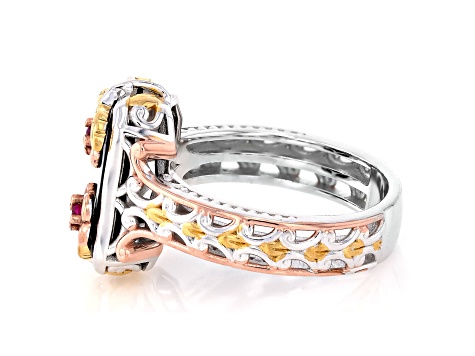 Black Onyx Rhodium, 24k & 18k Gold Over Palladium Sterling Silver Ring 0.05ctw