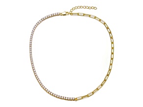 Clear Cubic Zirconia, 14K Gold Plated over Brass Half Tennis Half Link Necklace