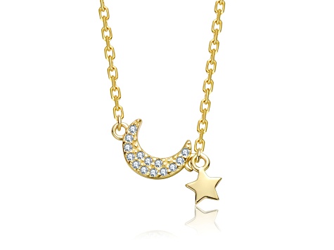 Clear Cubic Zirconia, 14K Gold Plated over Brass with Moon & Star Pendant Necklace for Teens