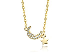 Clear Cubic Zirconia, 14K Gold Plated over Brass with Moon & Star Pendant Necklace for Teens