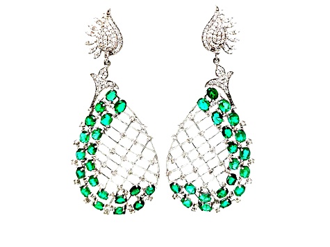 9.30 Ctw Emerald and 2.45 Ctw White Diamond Earring in 14K WG