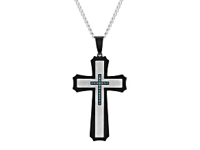 Two-tone Blue and White Ion-Plated Stainless Steel and Blue Diamond Cross Pendant With Chain 0.12ctw