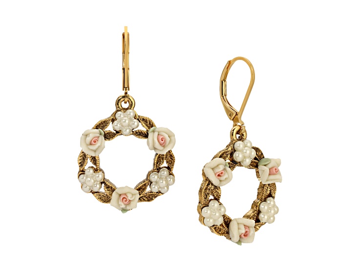 14K Gold Dipped Round Faux Pearl & White Porcelain Flower Earrings