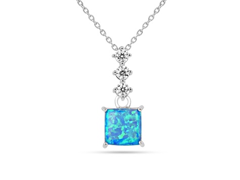 Lab Created Blue Opal and Moissanite Rhodium Over Sterling