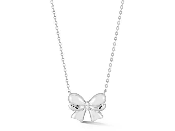 Rachel Zoe Rhodium Over Sterling Silver Cubic Zirconia Puffed Bow Pendant Necklace
