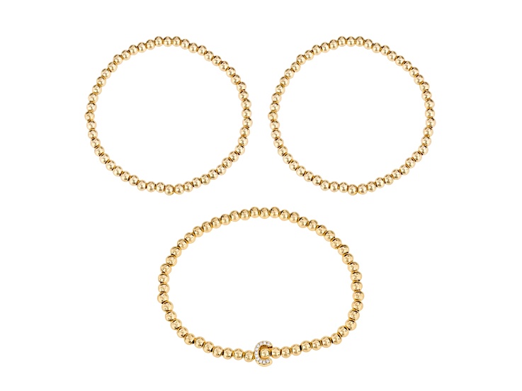 White Cubic Zirconia 14k Yellow Gold Over Brass Initial "C" 3-Piece Beaded Bracelet Set 0.11ctw
