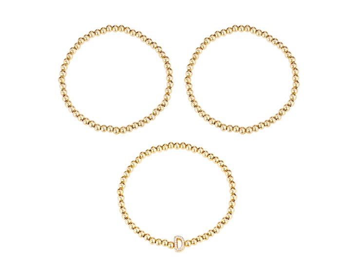 White Cubic Zirconia 14k Yellow Gold Over Brass Initial "D" 3-Piece Beaded Bracelet Set 0.15ctw