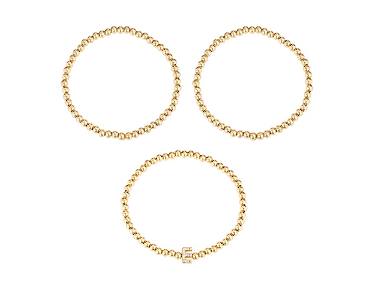 White Cubic Zirconia 14k Yellow Gold Over Brass Initial "E" 3-Piece Beaded Bracelet Set 0.15ctw