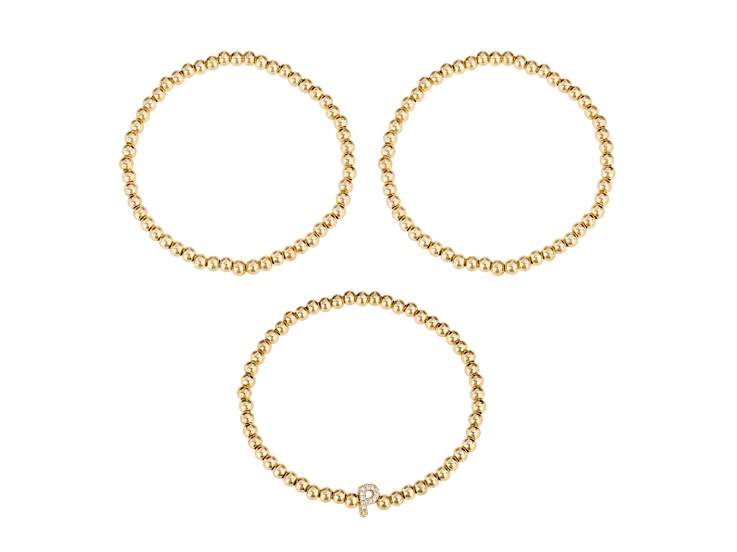 White Cubic Zirconia 14k Yellow Gold Over Brass Initial "P" 3-Piece Beaded Bracelet Set 0.12ctw