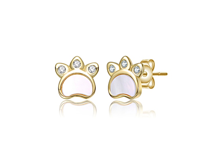 White Mother Of Pearl, 14K Gold Plated over Brass Paw Design Stud Earrings for Kids