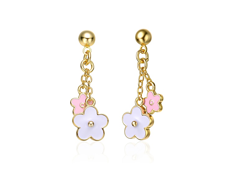 White & Pink Enamel, 14K Gold Plated over Brass Flower Enamel Drop Earrings for Kids