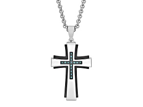 Stainless Steel and Blue Diamond Stacked Cross Pendant with Chain 1/8ctw