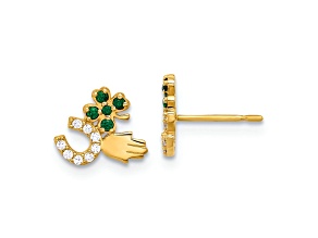 10k Yellow Gold Polished Green and Clear Cubic Zirconia Good Luck Stud Earrings