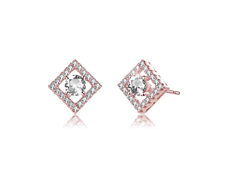 Clear Cubic Zirconia, 18K Rose Gold Plated over Brass Stylish Halo Stud Earrings
