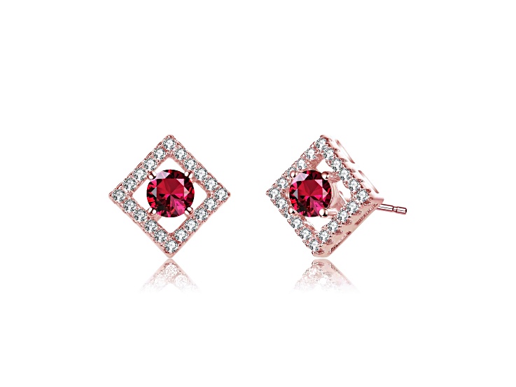 Red Cubic Zirconia, 18K Rose Gold Plated over Brass Stylish Halo Stud Earrings
