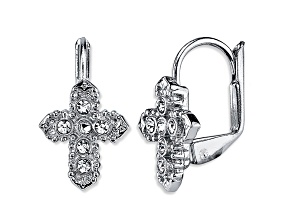 Symbols of Faith Silver Tone Crystal Cross Leverback Earrings