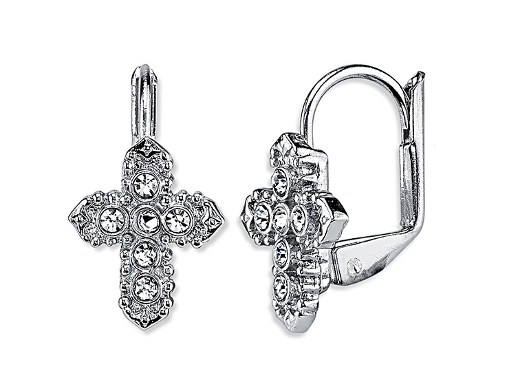 Symbols of Faith Silver Tone Crystal Cross Leverback Earrings