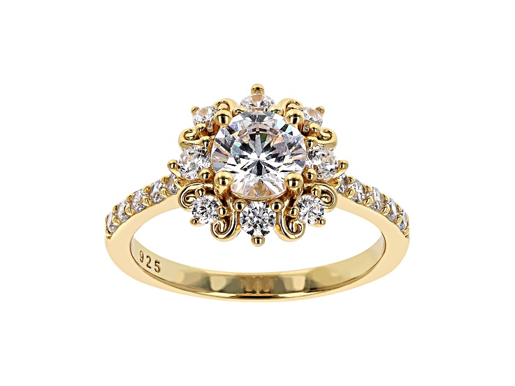 White Cubic Zirconia, 18K Yellow Gold Plated Over Silver, Center Design Ring, 1.70 cttw