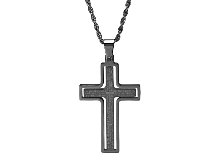 Men's Black Ion-Plated Stainless Steel "Our Father" English Prayer Spinner Cross Pendant With Chain
