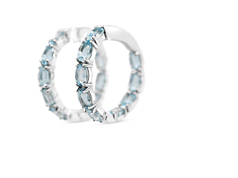 Aquamarine and CZ 7..58 Ctw Oval Rhodium Over Sterling Silver Women's Hoop Earrings Jewelry