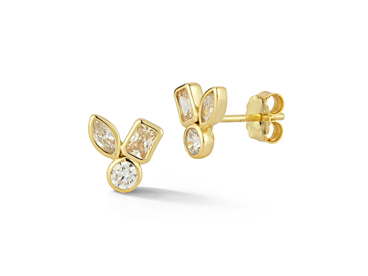 Rachel Zoe 14K Yellow Gold Over Sterling Silver Mixed Shape Cubic Zirconia 3-Stone Studs