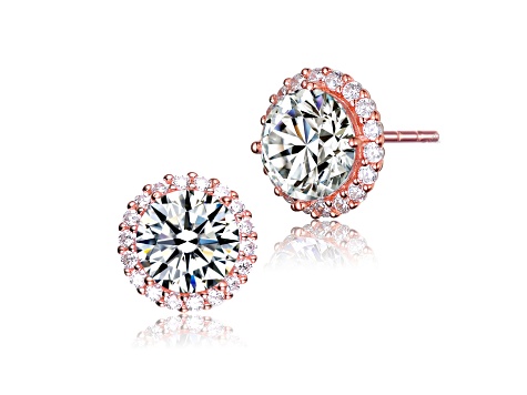 Clear Cubic Zirconia, 18K Rose Plated over Sterling Silver Round Halo Stud Earrings