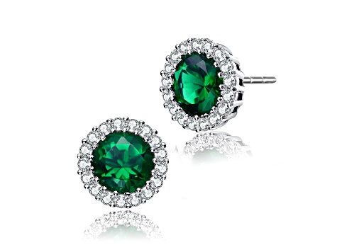 Green Cubic Zirconia, Rhodium Plated over Sterling Silver Round Halo Stud Earrings