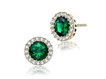 Picture of Green Cubic Zirconia, 14K Gold Plated over Sterling Silver Round Halo Stud Earrings