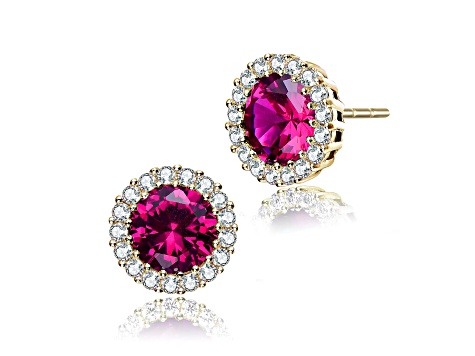 Red Cubic Zirconia, 14K Gold Plated over Sterling Silver Round Halo Stud Earrings