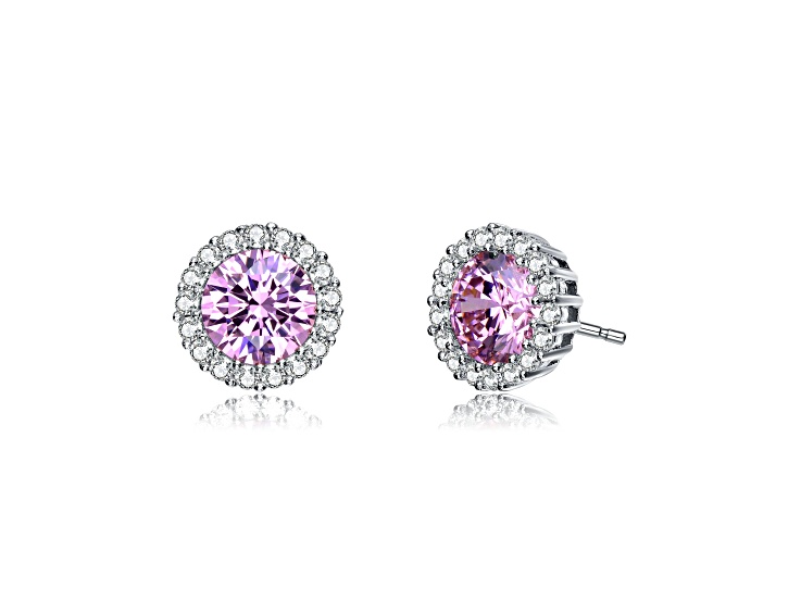 Pink Cubic Zirconia, Rhodium Plated over Sterling Silver Round Halo Stud Earrings