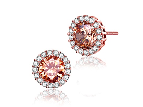 Coffee Color Cubic Zirconia, 18K Rose Plated over Sterling Silver Round Halo Stud Earrings