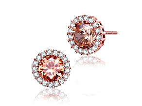 Coffee Color Cubic Zirconia, 18K Rose Plated over Sterling Silver Round Halo Stud Earrings