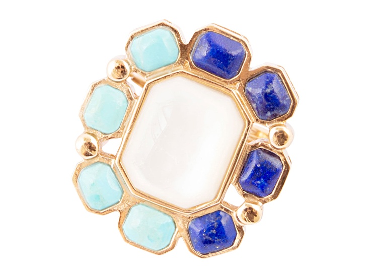 Barse Jewelry 14x11mm White Mother-of-Pearl with 5x4mm Lapis Lazuli & Turquoise Gold Tone Ring