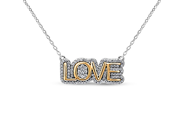 White Diamond Rhodium and 14K Yellow Gold Over Sterling Silver LOVE Bar Necklace 0.25ctw