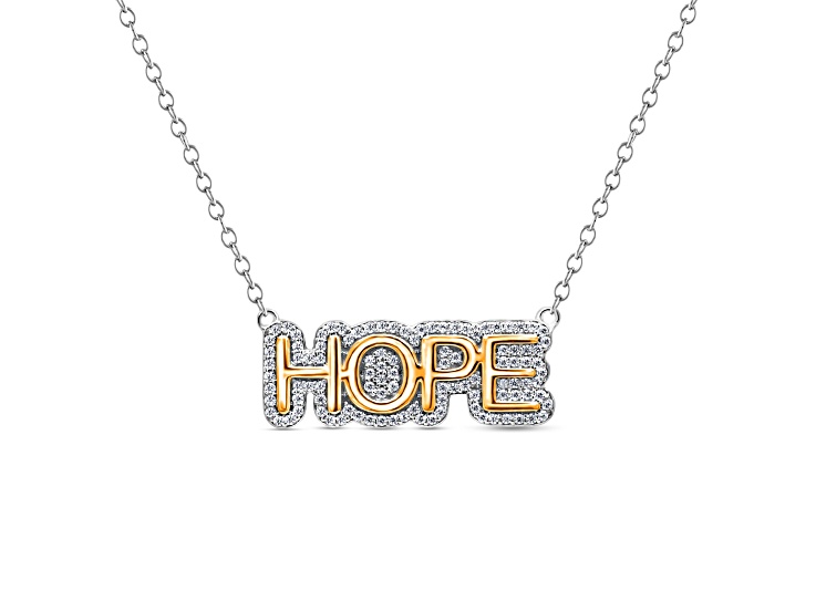 White Diamond Rhodium and 14K Yellow Gold Over Sterling Silver HOPE Bar Necklace 0.25ctw